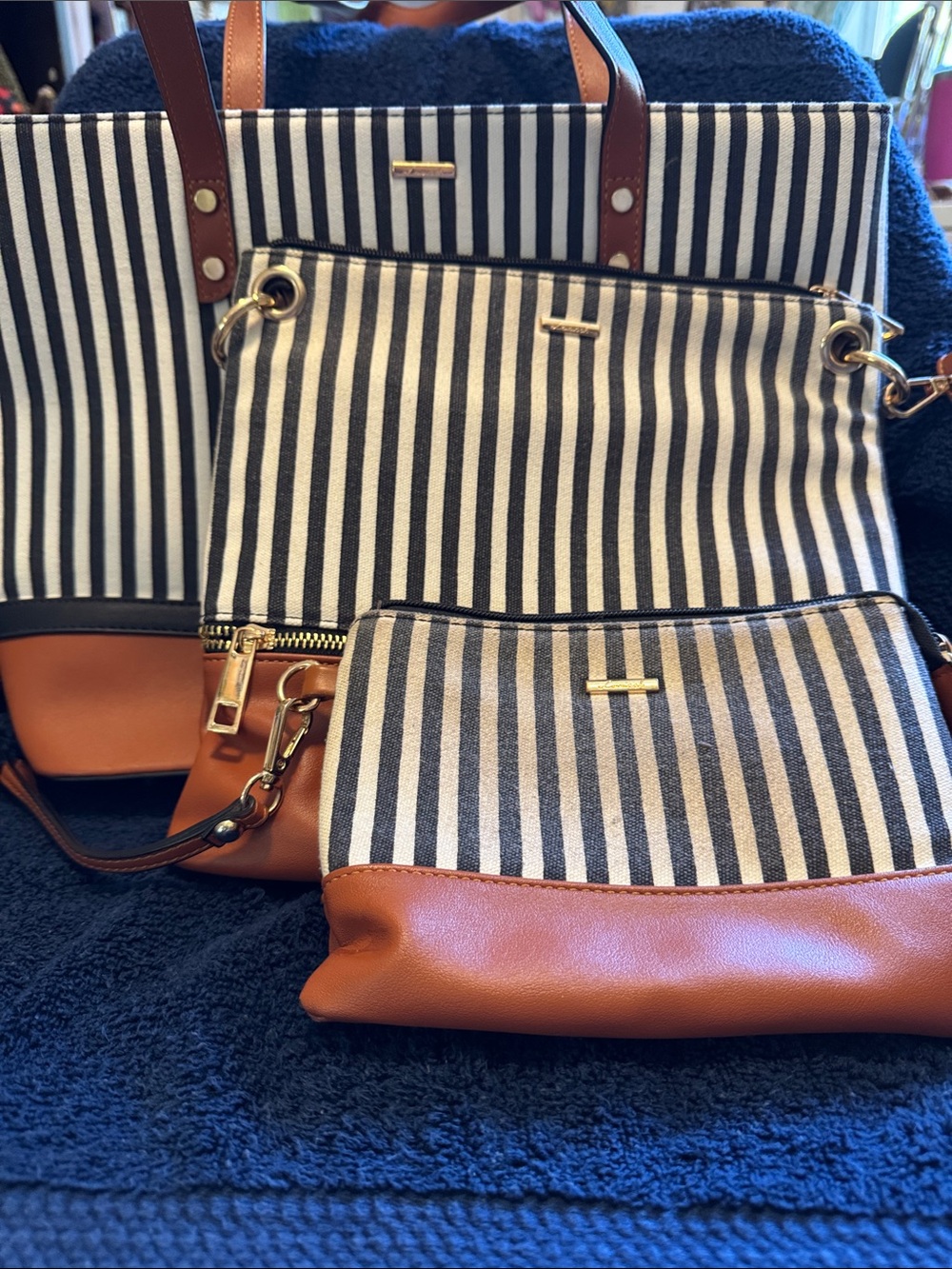 Striped Black and White Canvas Tote with Tan Leather Trim and Matching Pouches